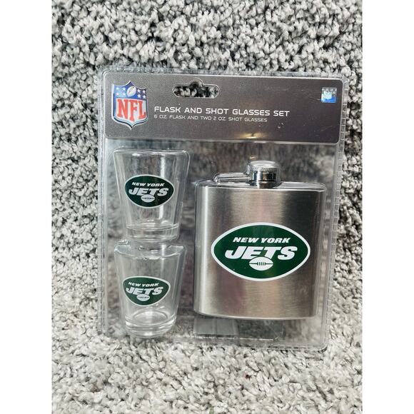 NFL Stainless Steel Flask and 2 Pack 2oz Shot Glasses Set New York Jets New - Picture 6 of 10